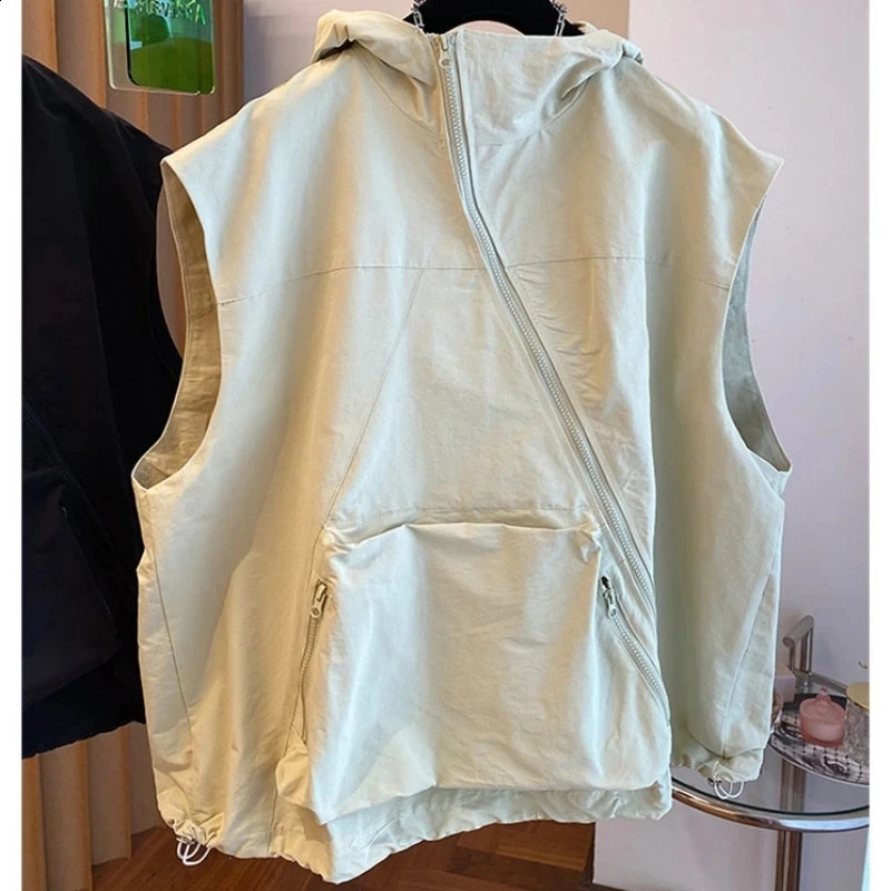 Womens Vest Coat Spring Summer Diagonal Zipper Sleeveless Leisure Ladies Vest Loose Hooded Fashion Lady Waistcoat 240822