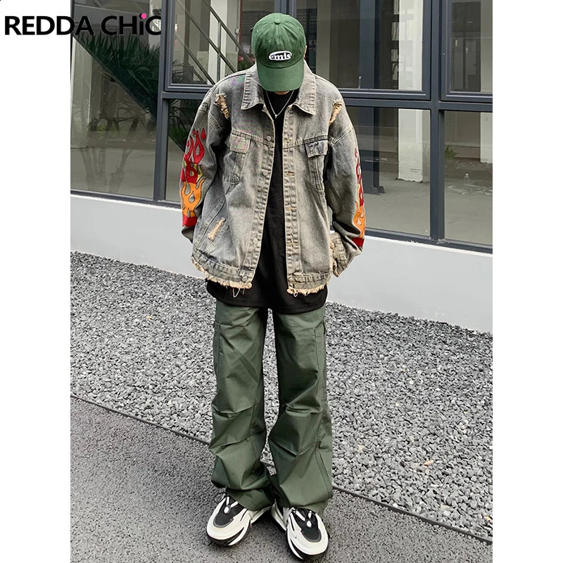 Reddachic détruit du feu de feu veste denim hommes Vintage lavage vintage Fauchées à pâte mono-poitrine monte à suppression Y2K Cargo Workswear 2