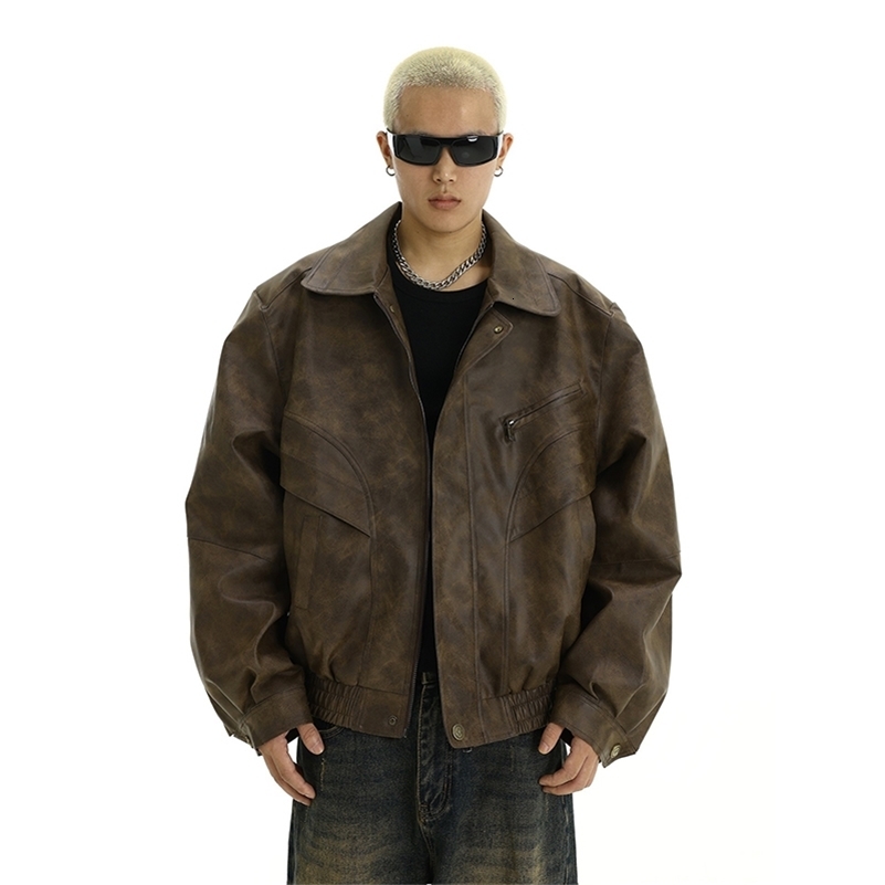 Autumn Clothing Mens Casual Texture PU Leather Jacket High Street Zippers Turn-down Collar Long Sleeve Retro Coat 240821