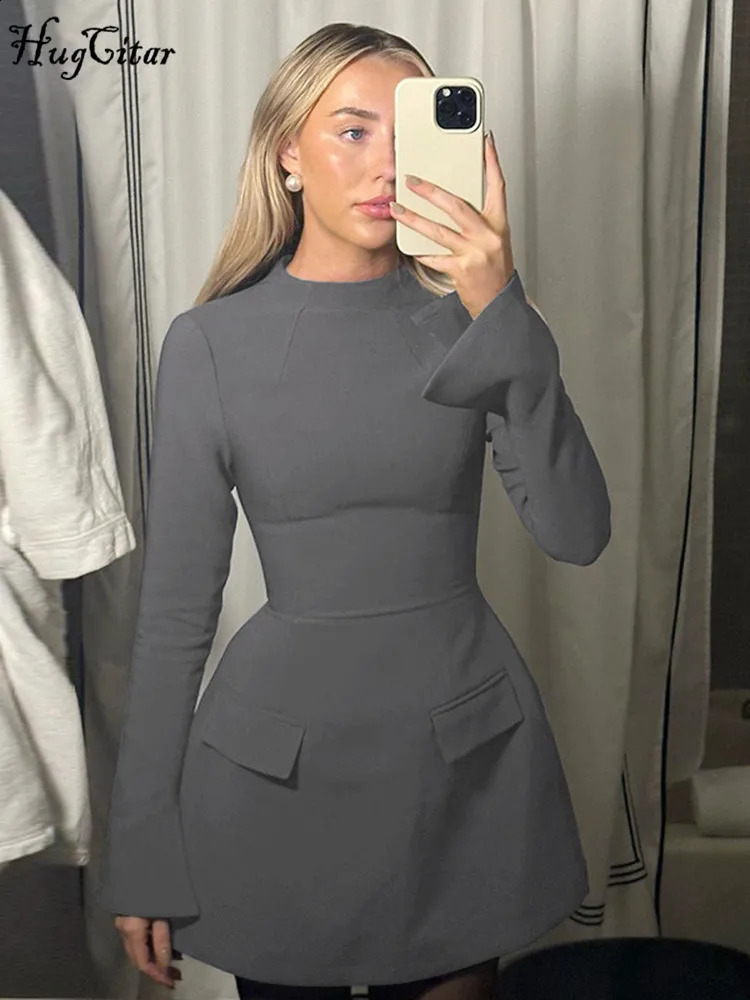 Hugcitar Spring O Neck Long Sleeve Solid Patchwork Zip Up Sexy Bodycon Mini Dress Women Fashion Outfits Birthday Party Y2K 240822