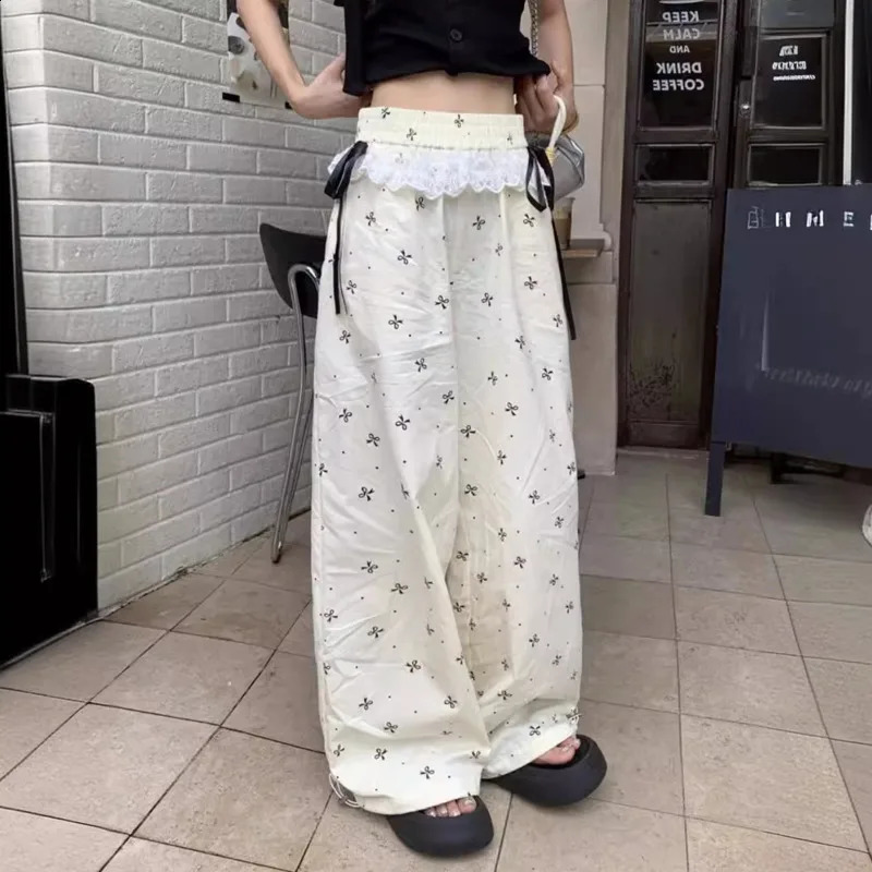 Fashion Lace Bow Printed Womens Pants Summer Versatile High Waisted Wide Leg Pants Korean Style Lace Up Loose White Black Pants 240821