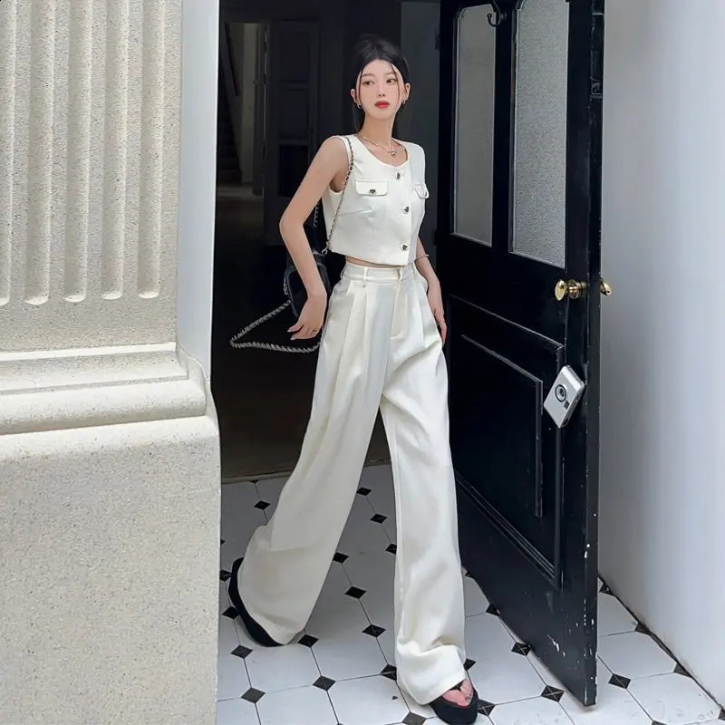 Summer Korean Style Small Fragrance Set Fashion Sleeveless Vest TopHigh Waist Wide Leg Pants Two Piece Set Women Outfits 240821