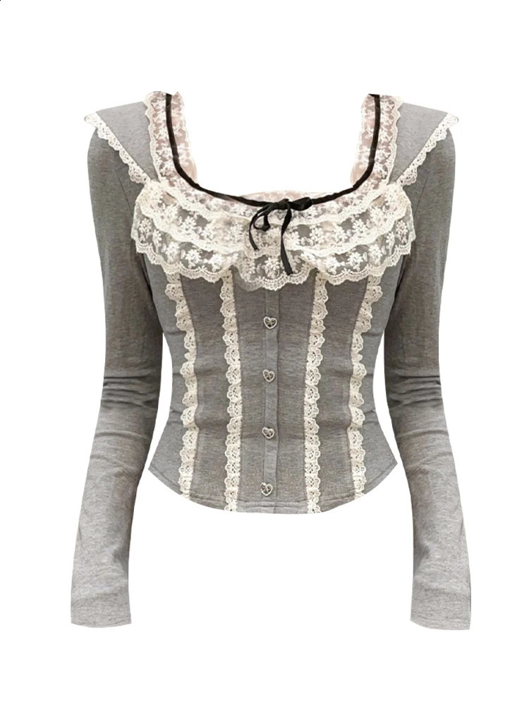Autumn Women French Vintage Aesthetic Long Sleeve T-Shirts Mori Lace Coquette Square Collar Crop Tops Maillard Fairy Core 240821