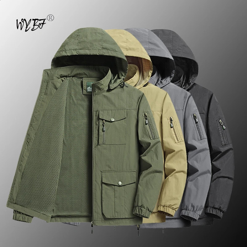 Spring and Autumn Waterproof Tactical Jacket with Zipper Pocket Mens Outdoor Soft Shell Hooded Work Jacket Windproof Coat 240821