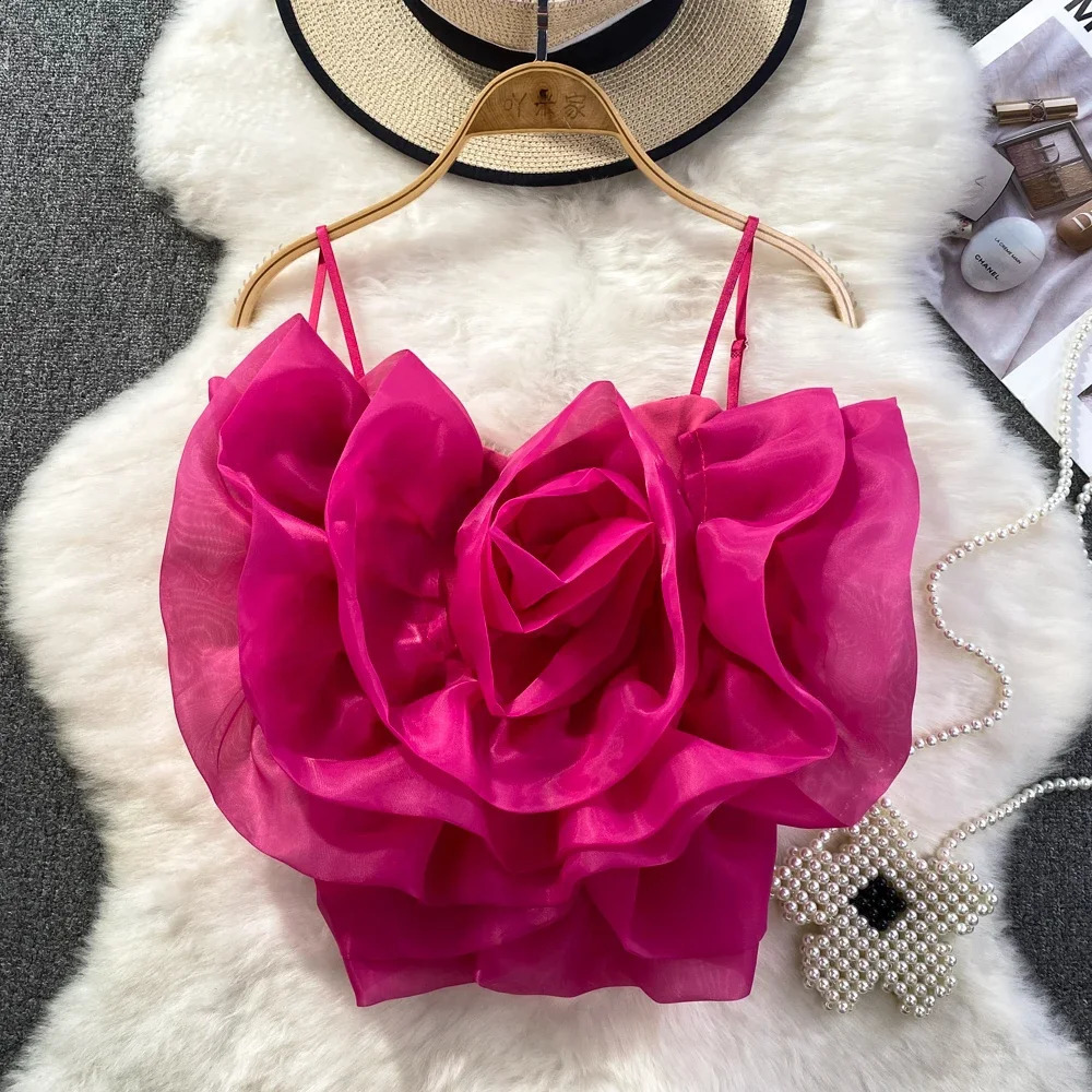 Women Tank Top Spaghetti Strap Three-dimensional Floral Sleeveless Camisole Female Solid Color Sling Vest French Chic Dropship 240821