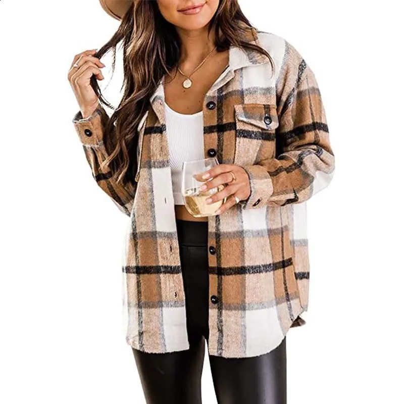 Womens flannel casual plain button long sleeved wool shirt retro elegant and fashionable jacket fashionable womens shirt 240822