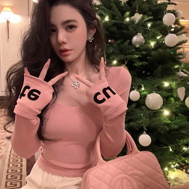 Wholesale U Neck T Shirts Autumn Winter Slim Tops Women Letter Print High Strech Top Korean Style Long Sleeve Tight T Shirts 240821