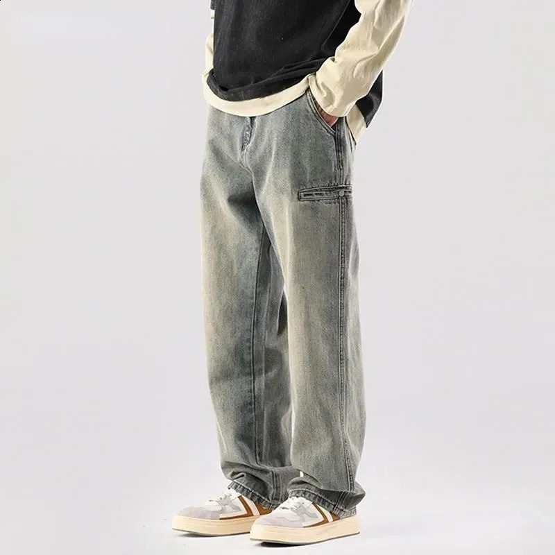 Street jeans mens loose straight pants button retro blue mens clothing A072 240821
