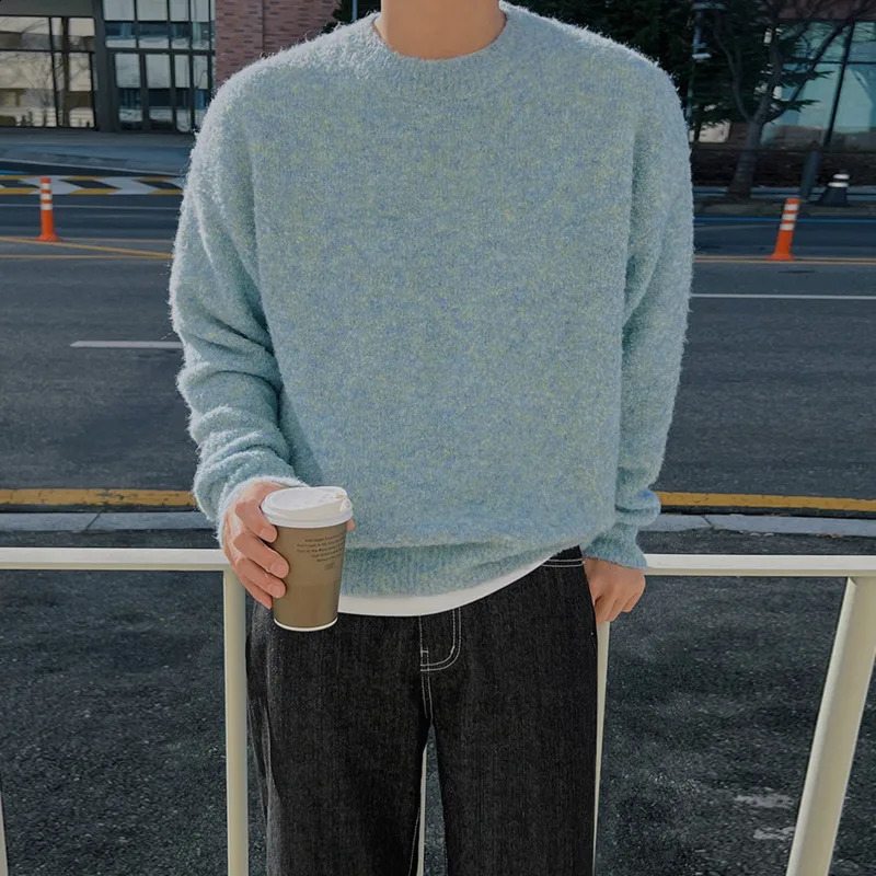 SYUHGFA Solid Color Mens Clothing Pullover Sweater Round Collar Loose Long Sleeve Male Top Autumn Winter Trendy Knits 240821