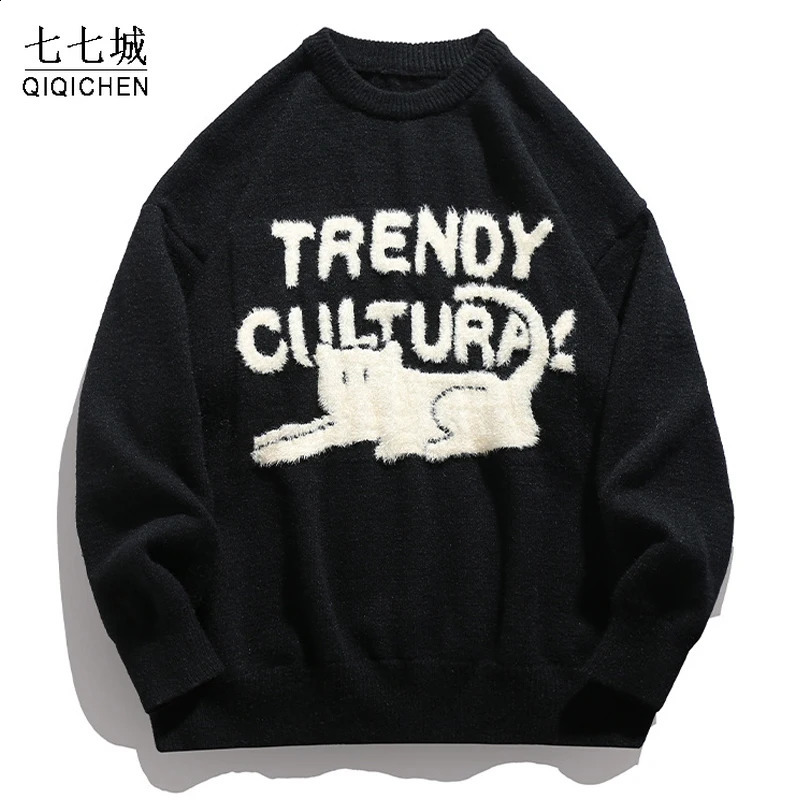 Mens Casual Sweater Women Cartoon Jacquard Knitted Pullovers Korean Fashion Loose Round Neck Jumpers Sueteres Para Hombre Sueter 240821