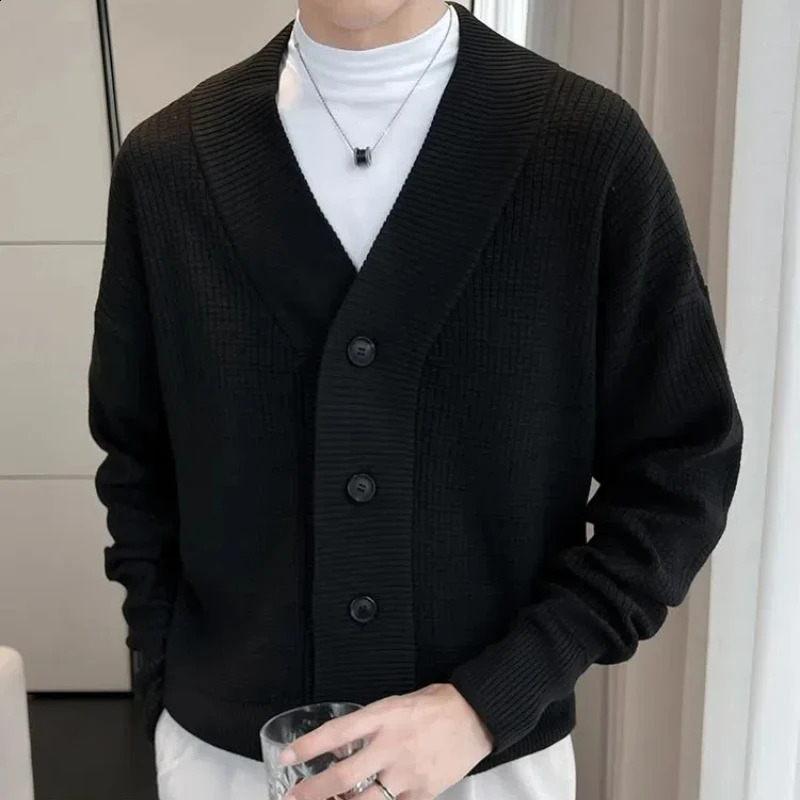 Korean Minimalist Mens Knitted Retro Spring Autumn Splicing V-neck Button Fashion Solid Slim Casual Long Sleeve Sweater 240821