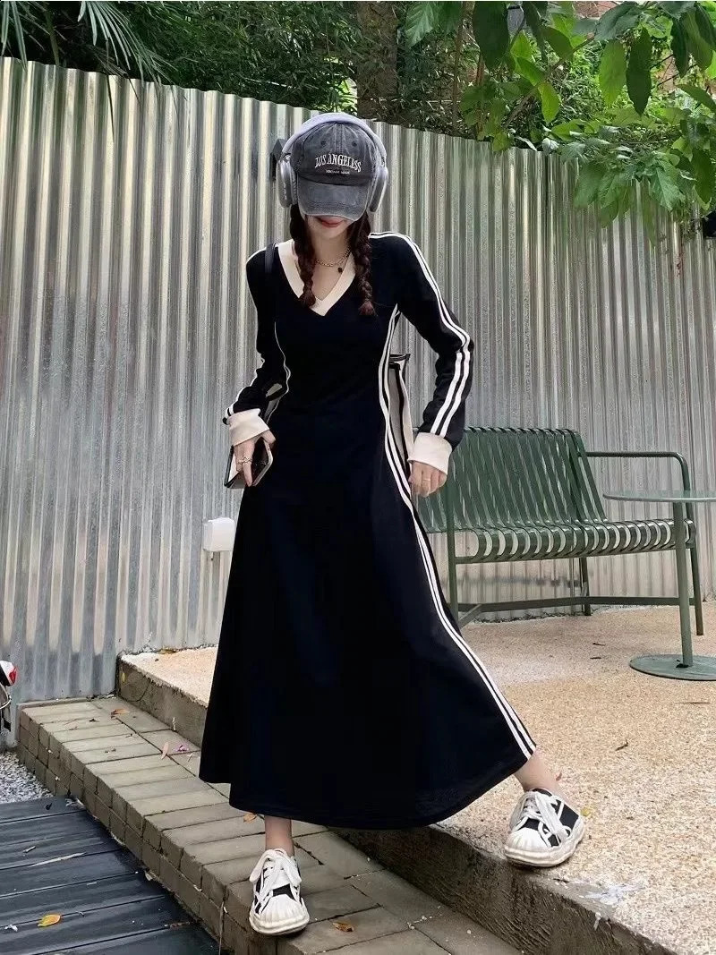 Robe à manches longues décontractée Femmes Vintage rayées Black Long Robes printemps automne à manches longues V Neck Fashion Fashion Womens Robe