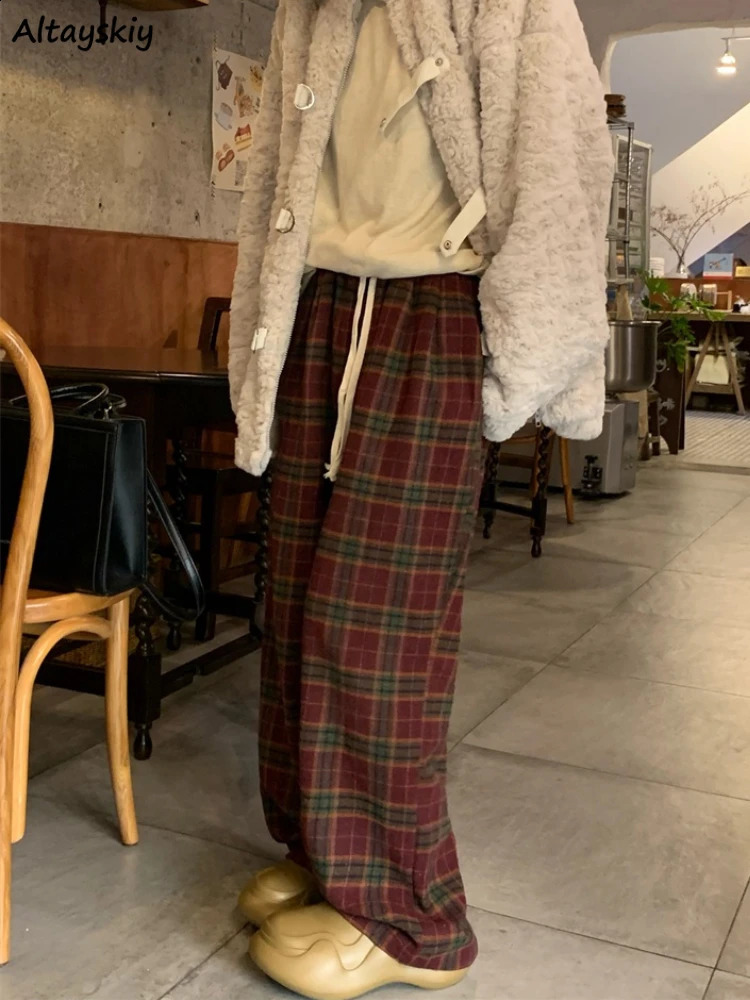 Pantalon à carreaux femmes lâches vintage de style coréen automne hiver tout-correspondant décontracté cordonnage simple mode quotidien large pan