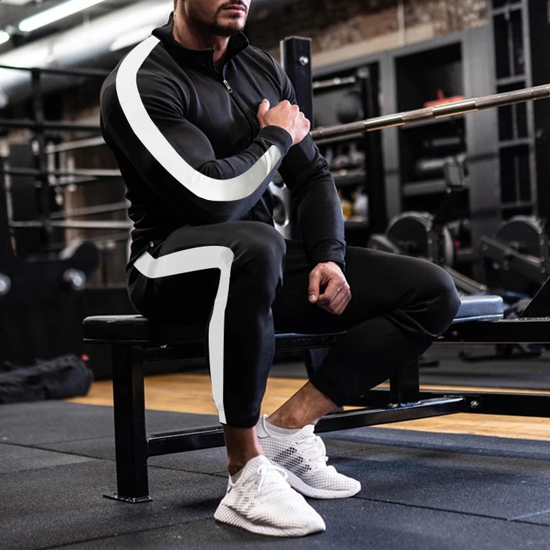 Spring And Autumn Fashion Sportswear Men Color Matching Striped Zipper Jacket Trousers Two-piece Mens Training Clothing 240821