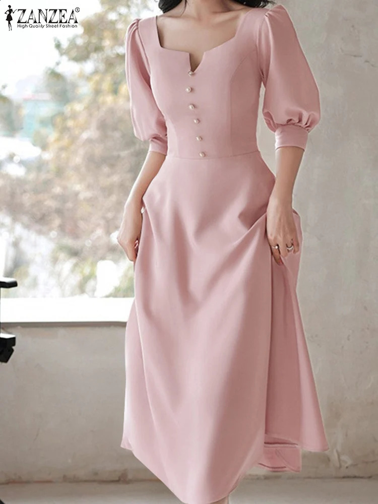 Zanzea vintage femmes coréen midi robe robe de soirée élégante