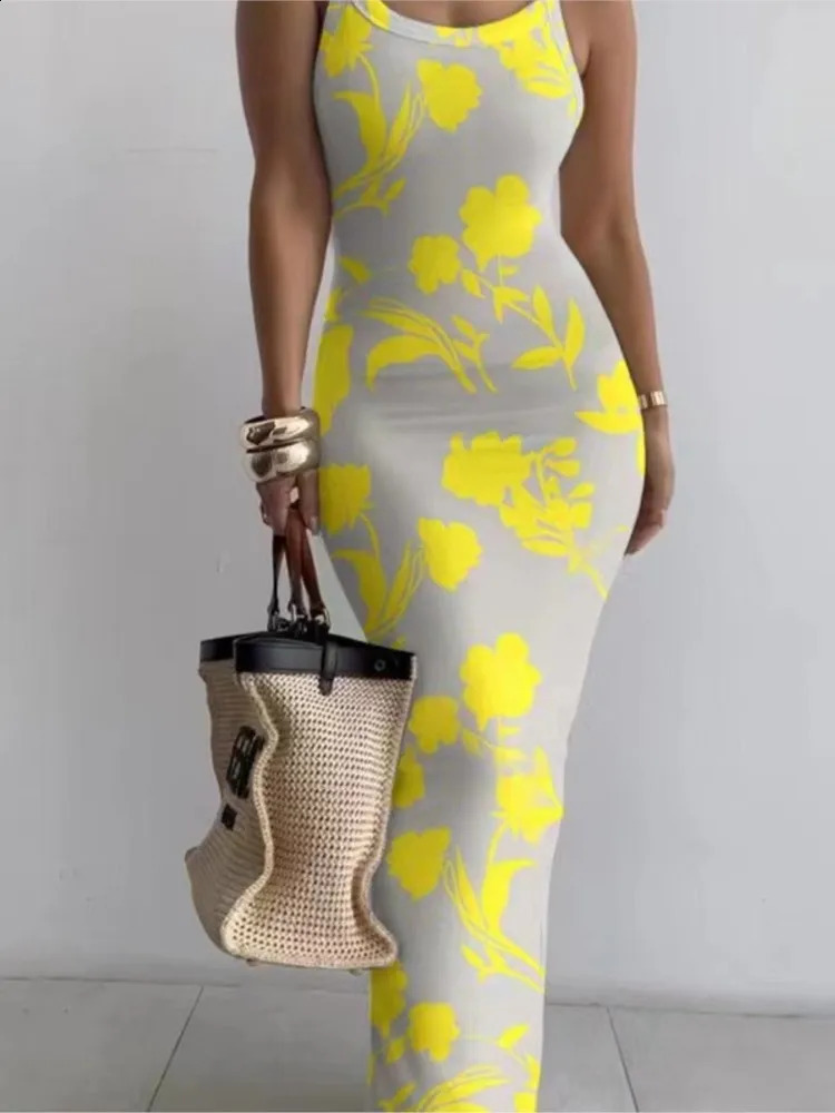 Robes pour femmes Spaghetti Spaghetti Couleur imprimée longue robe soirée Y2K sans manches solide skinny bodycon maxi vestidos 240822