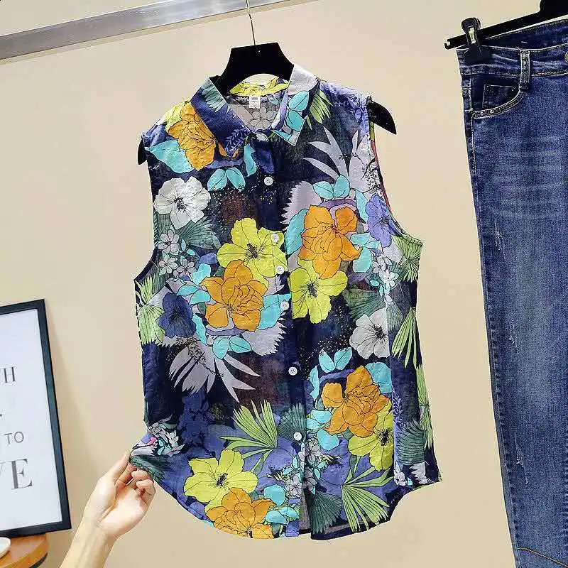Flower Floral Printing PoloNeck Single Breasted Sleeveless Vest Womens Blouse Shirt Korean Fashion Female Clothing Tops 2024 240821