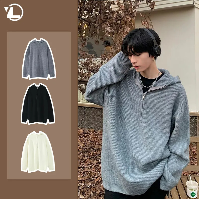 Spring Mens Half Zip Hooded Pullover Korean Harajuku Solid Knitted Sweater Casual Fashion Street Soft Unisex Knit Tops 240821