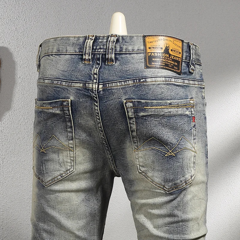 Retro and retro pleated patch elastic ultra-thin jeans for men fashionable street pencil pants for Trousers nostalgic mens clothing 240821