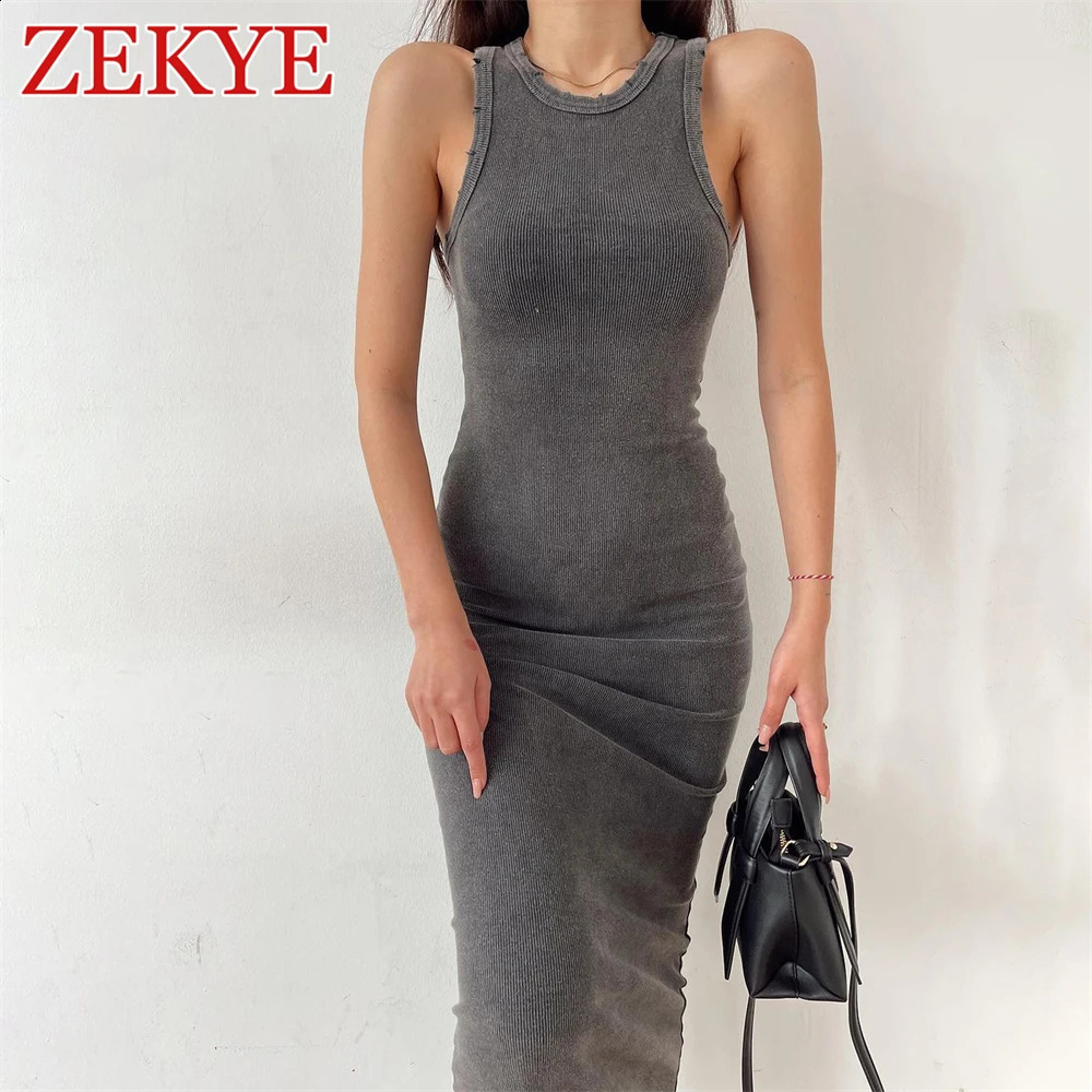 Zekye Vintage Basic Summer MIDI Robe Femmes Elegant tenue ronde Coule Slim Casual sans manches Bodycon