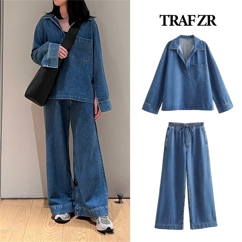 TRAF ZR Demin Womens Set 2-piece Pants Denim Jeans Match Set 2024 Y2K Womens Fashion Set Pants Set 240821 ww