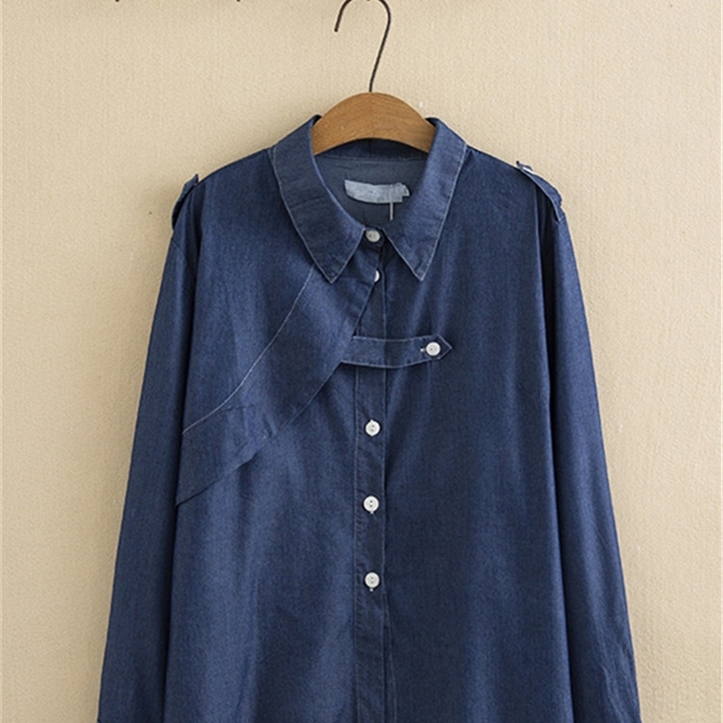 Plus Size Womens Clothing blouses Shirt SpringAutumn Denim Shirt Long Sleeved Lapel Shirt With Asymmetrical Panels On The Right 240821