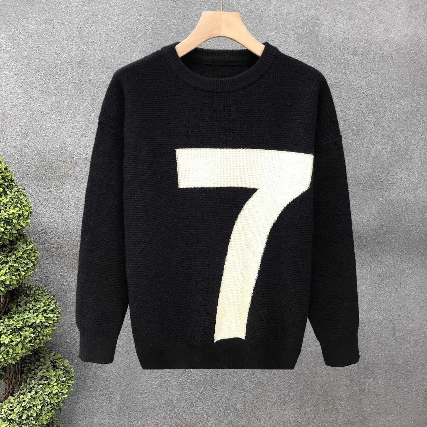 Korean Fashion Contrasting Digital Sweater Mens Simple and Casual Versatile Round Neck Pullover Youth Plus Size Knitted 240821