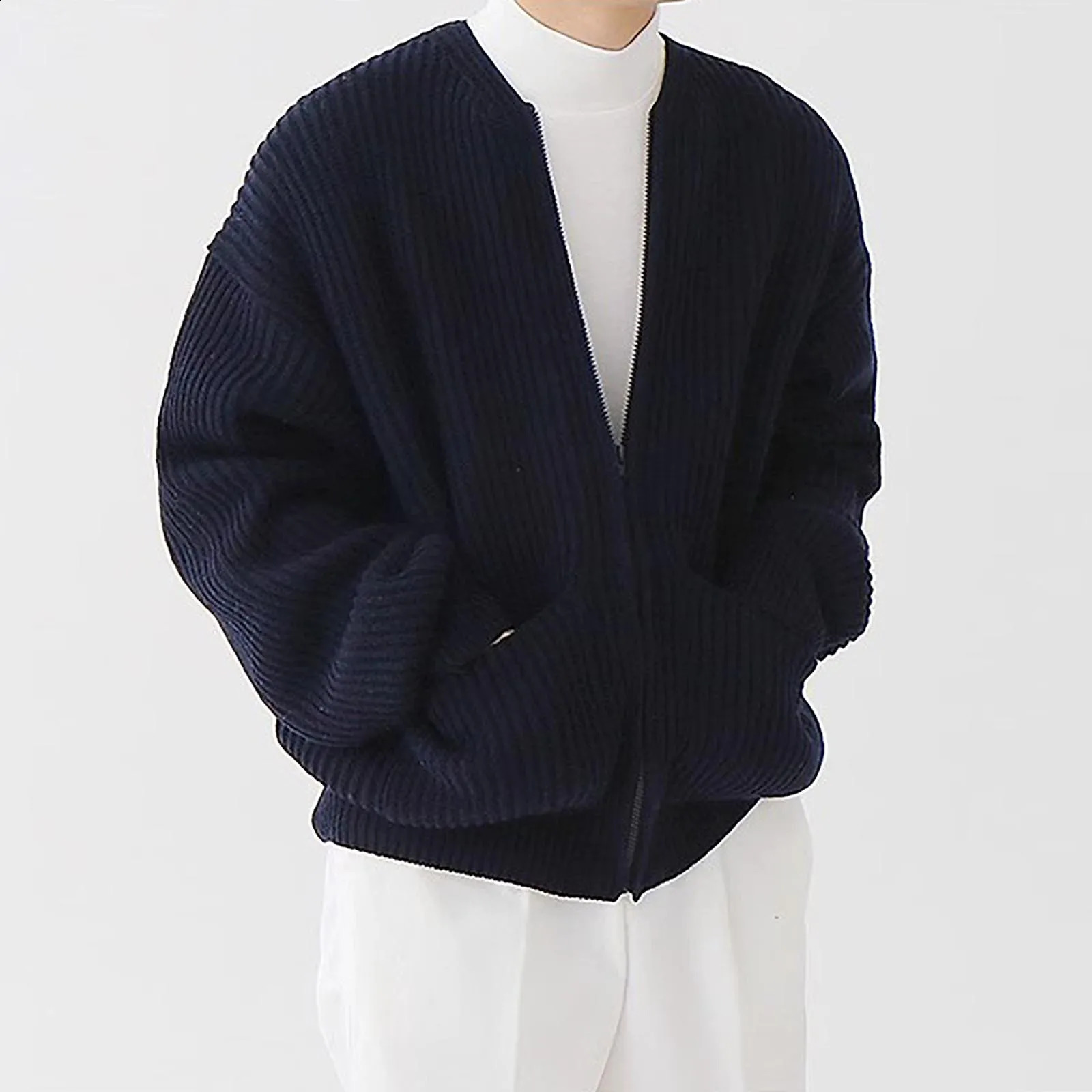 mens jacket lightweight Mens Fashion Sweater Coat Fall Knit Solid Color Have Pockets Round Neck Zipper Male Long chaquetas 240821