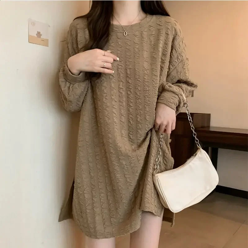 Casual Split Hem Loose T Shirt Tops Spring Autumn Long Sleeve O-neck Solid Youth Pullovers Fashion Vintage Women Clothing 240821