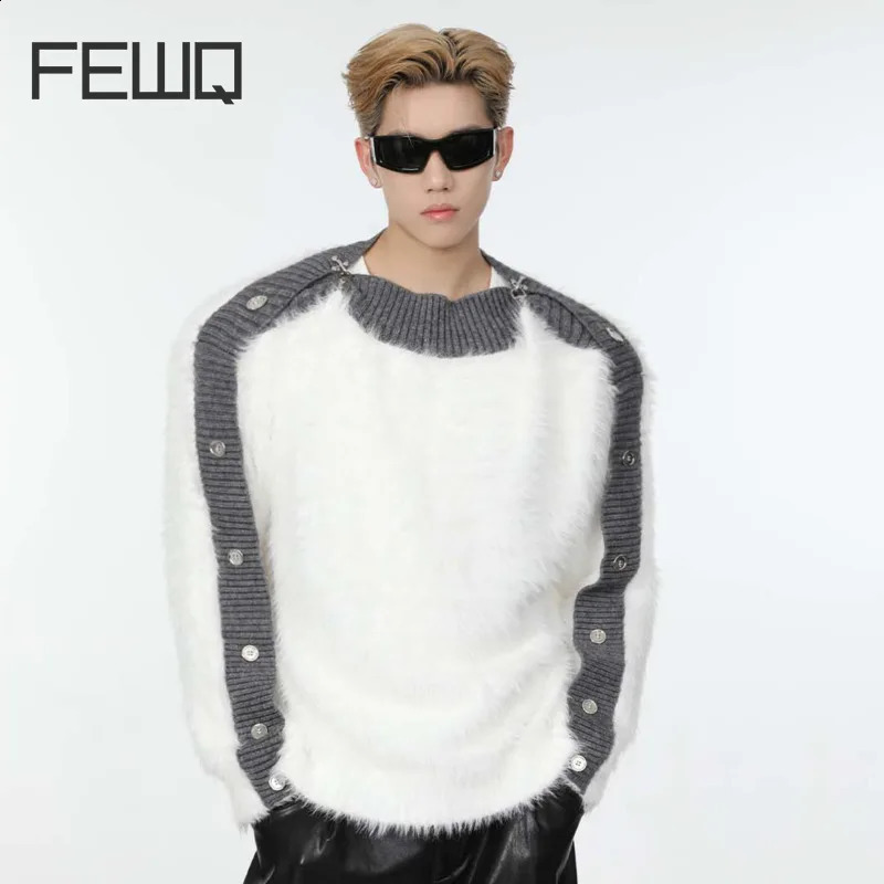 FEWQ Autumn Winter Metal Button Off Shoulder Mens Sweater Loose Fitting Contrast Color Male Pullover Fashion 240821