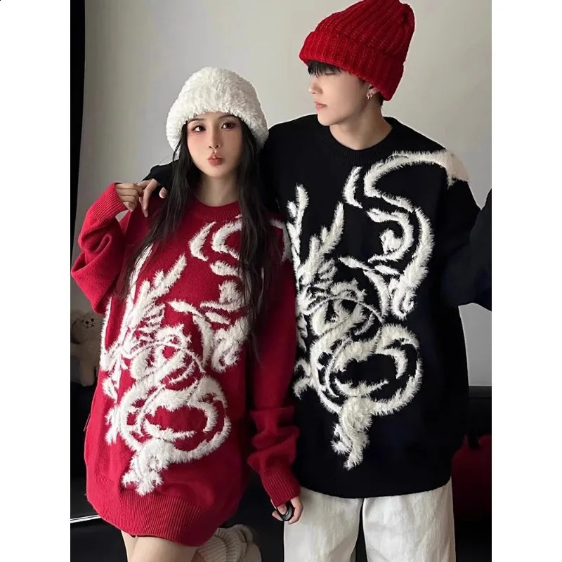 Year of the Dragon Red Sweaters for Men and Women Autumn and Winter Trendy Loose Couples Zodiac Year Knitted Sweater Trend 240821