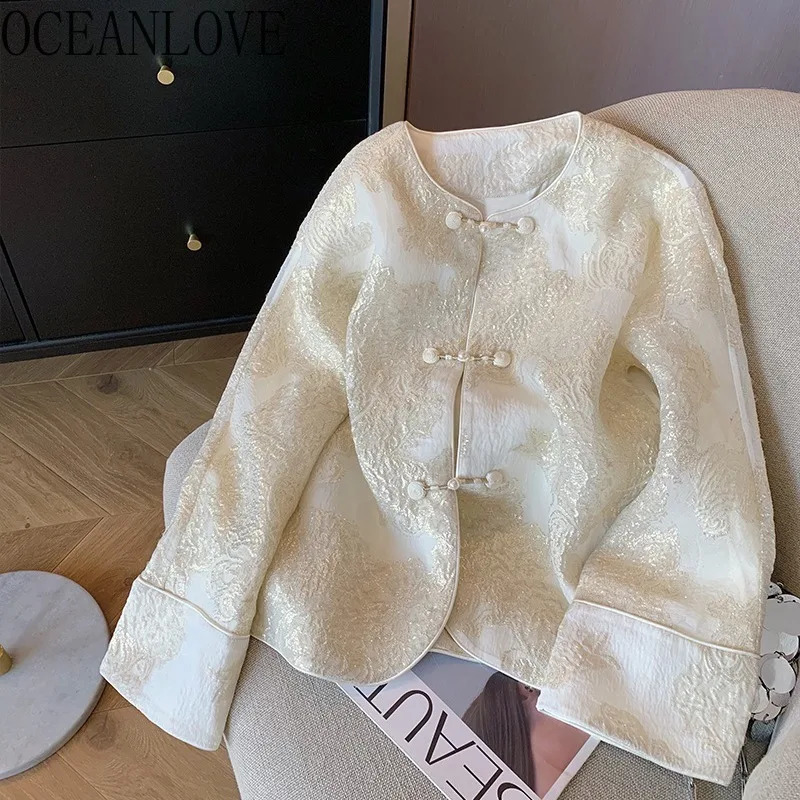 Oceanlove Chinese Style Womens Veste Retro Spring Summer Elegant Chaquetas Fashion Jacquard Simple Ropa de Mujer 240822