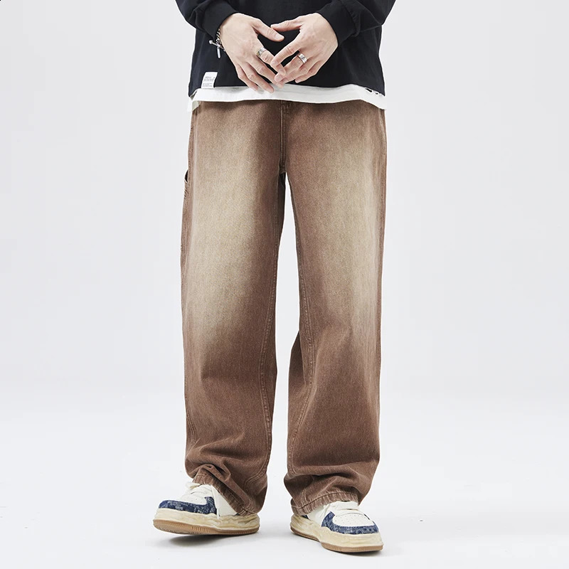 Spring Autumn Retro Mens Gradient Loose Casual Wide Leg Jeans Baggy Harajuku Cargo Straight Pant Shopping Brown Homme Button Fly 240821