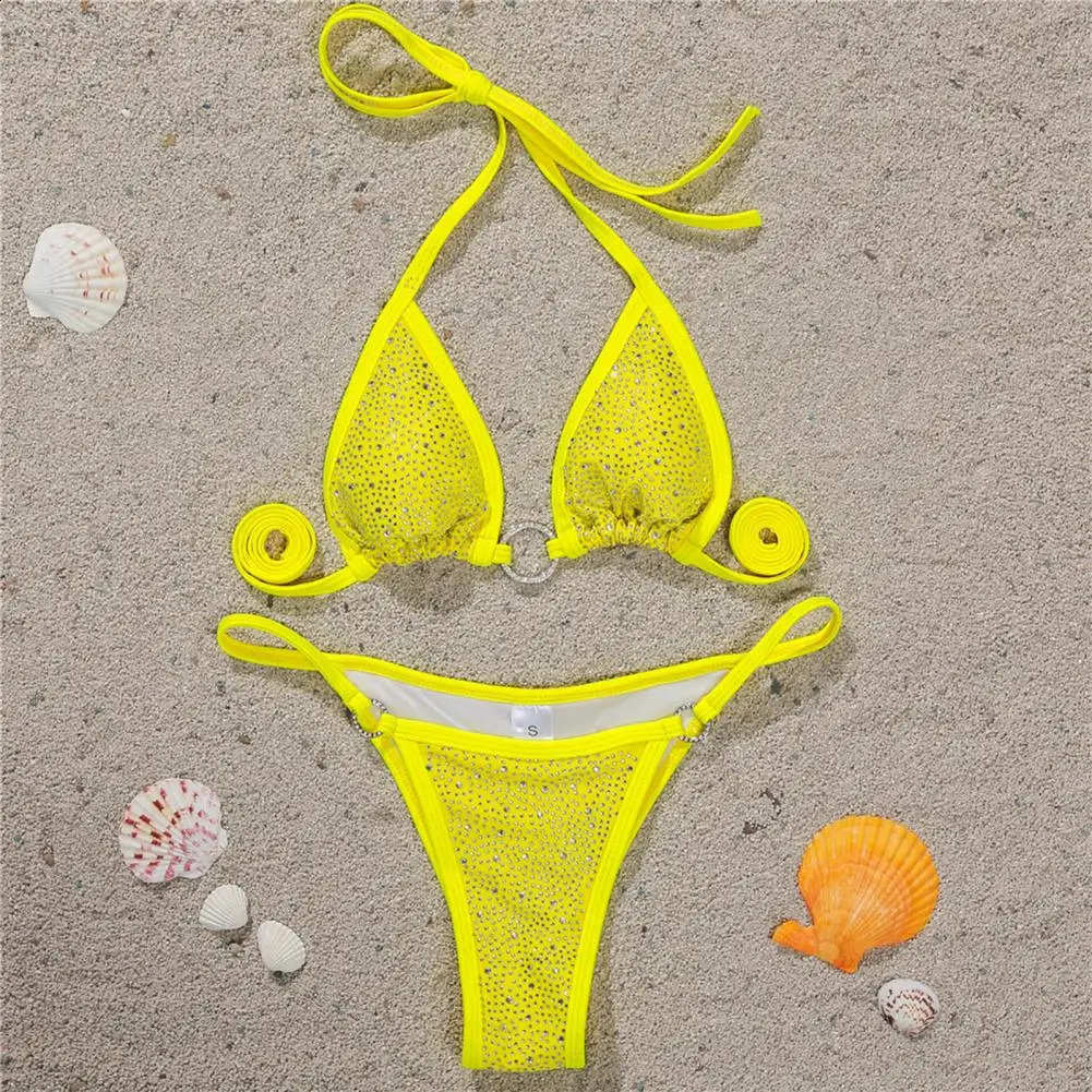 Maillot de bain à lacets maillot de bain brillant licou cou ensemble Bikini dos nu strass été maillot de bain 240822