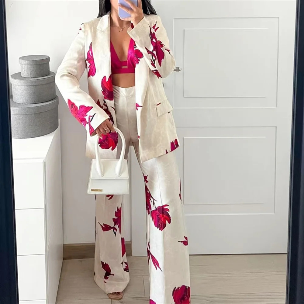 European And American Style 2024 Womens Fashion Temperament Long Sleeved Satin Printed Shirt High Waisted Pants Set 240821