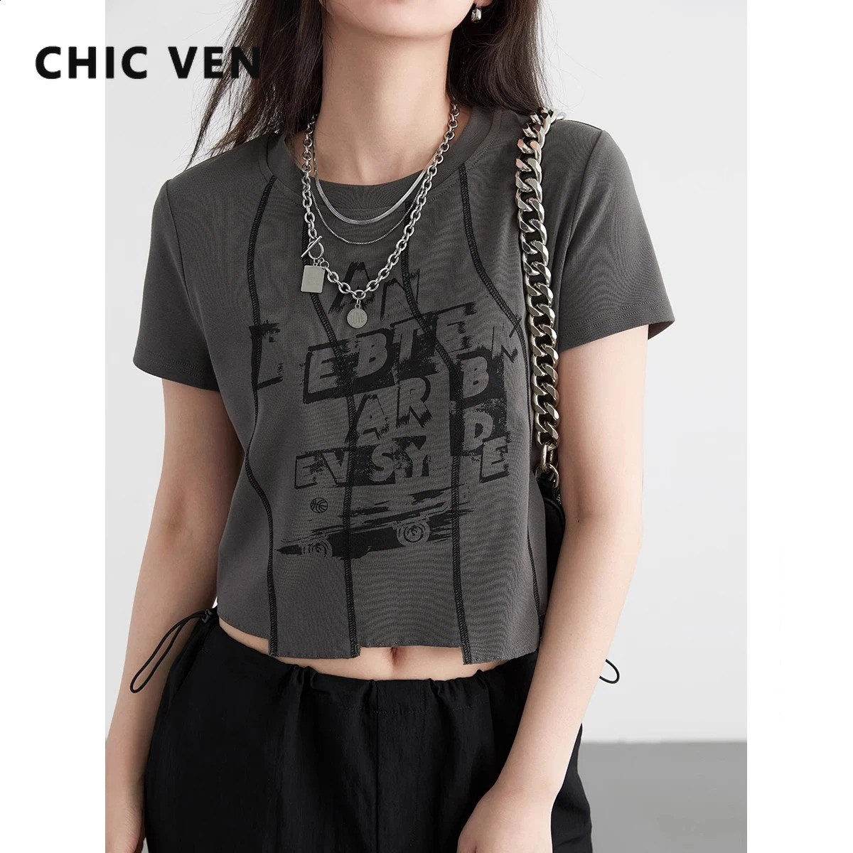 CHIC VEN Women T-Shirts Slim Irregular Segmentation Letter Printed Short Sleeved Female Tees Woman Tops Summer 240821