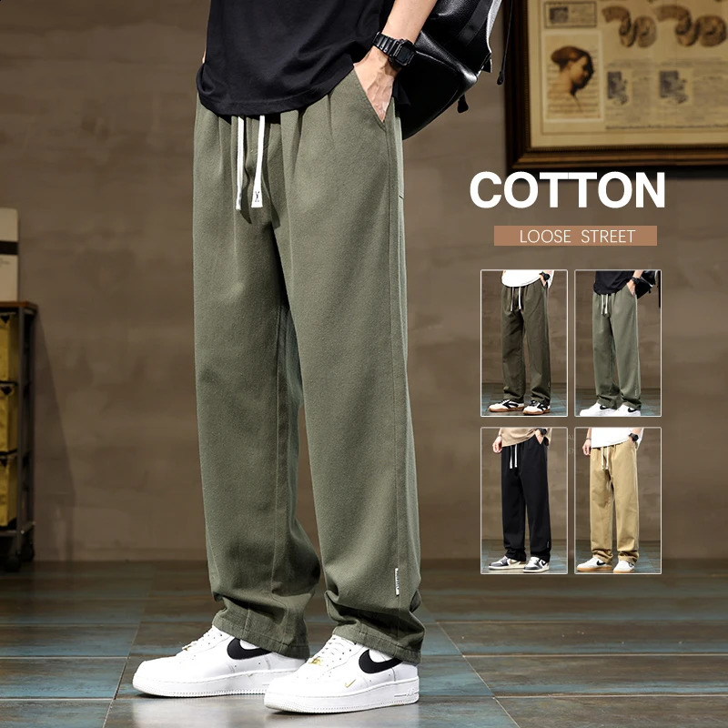 100% Cotton Mens Loose Wide Leg Pants Elastic Waist Fashion ArmyGreen Khaki Korean Streetwear Autumn Straight Trousers 250818