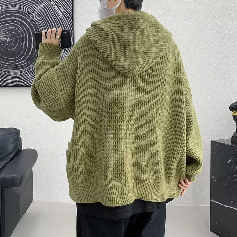 Mens winter solid color hooded cardigan Y2K retro street knitted sweater Korean fashion knitted jacket 240907