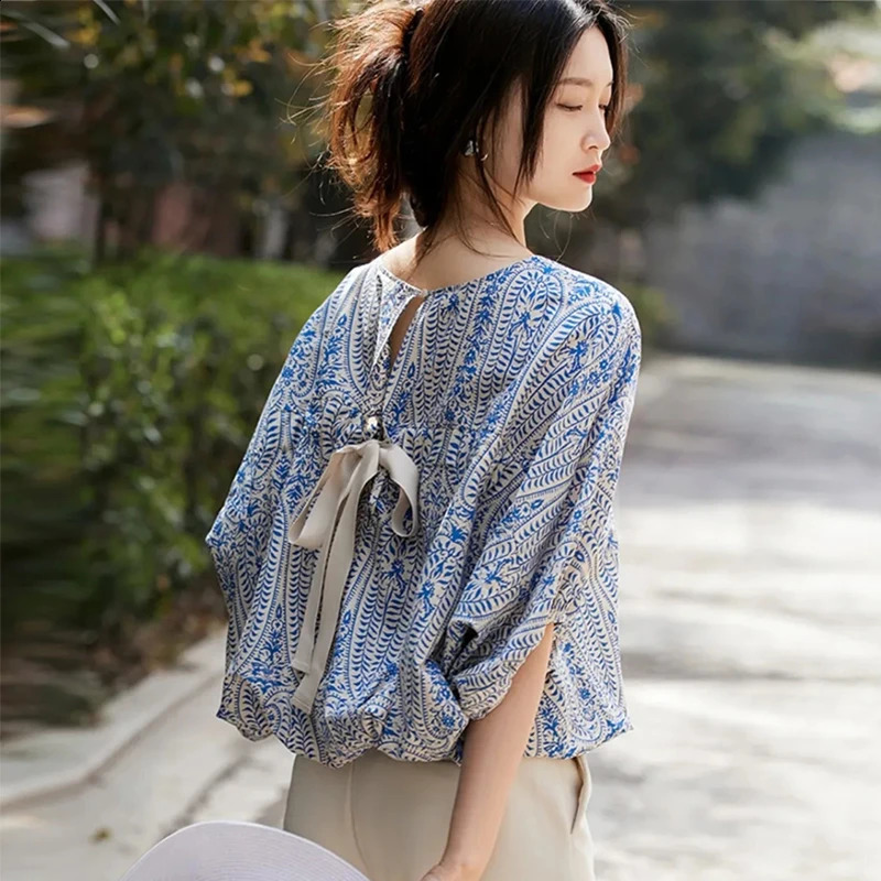 MEXZT Elegant Blouse Vintage Bow Bandage Print Shirts Office Lady Summer Korean Batwing Sleeve Casual All Match Chic Tops 240821