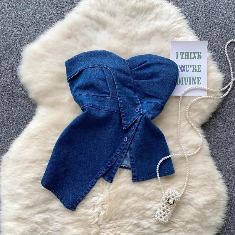 y2k Crop Top Jeans Strapless Chic Tank Top Denim Irregular Slit Streetwear Tube Tops Cowboy Korean Fashion Summer Drop 240821
