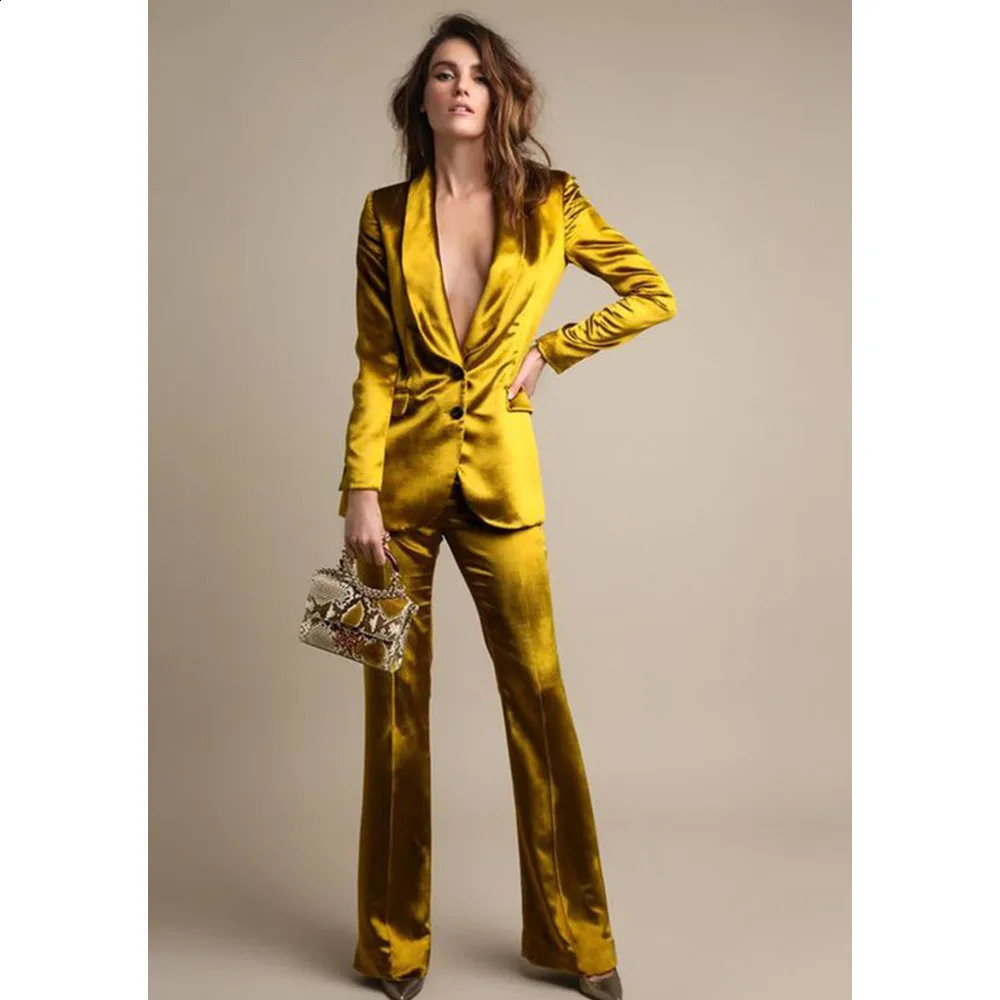 Womens Suit Two Piece Set Gold Satin Comfortable Fabric Single Breasted Elegant Fashion Trousers Casual Party Business 240821