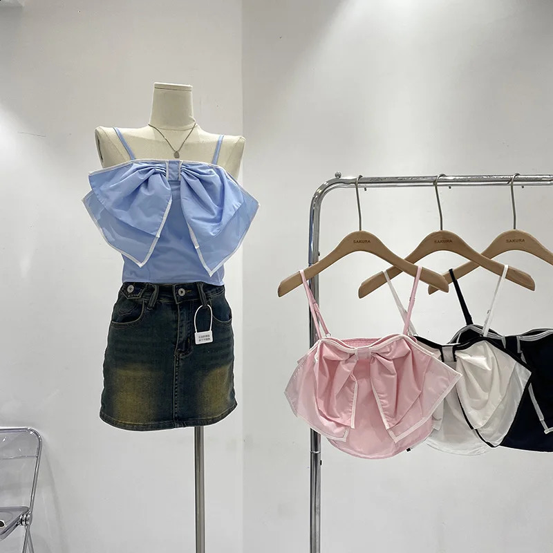 Spaghetti Strap Tank Top for Women Off Shoulder Bow Decoration Solid Camisole Female Backless Cropped Camis Summer Drop 240821