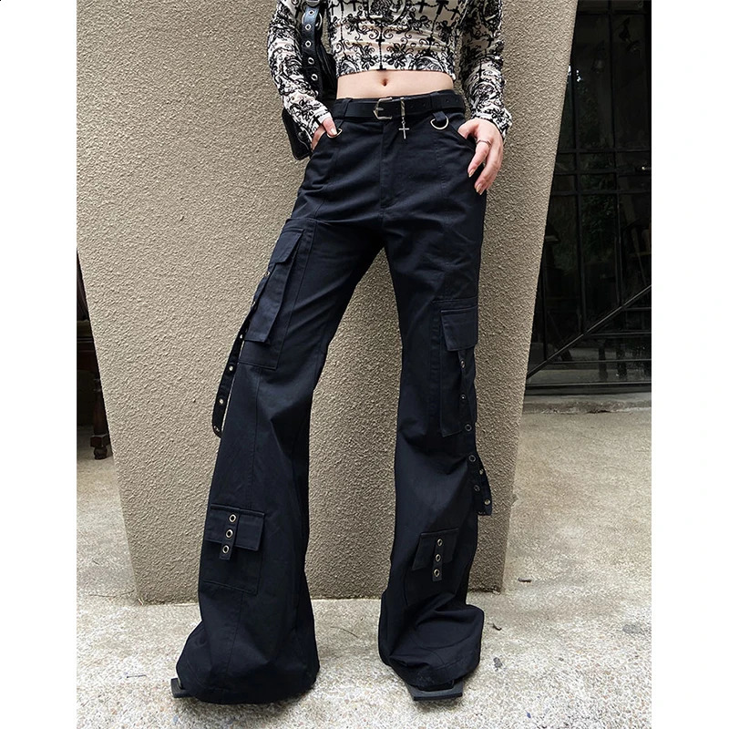 Womens Black Gothic Cargo Flare Pants Baggy Vintage Harajuku Y2k 90s Retro Pants High Waist Wide Trouser Emo 2000s Clothes 240821