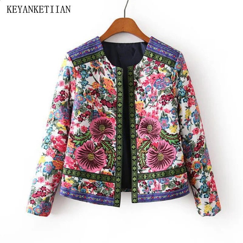 KEYANKETIAN Winter Embroidery Flower print Womens Jacquard Decoration Short Cotton Jacket Retro Thin Parkas Outerwear Top 240821