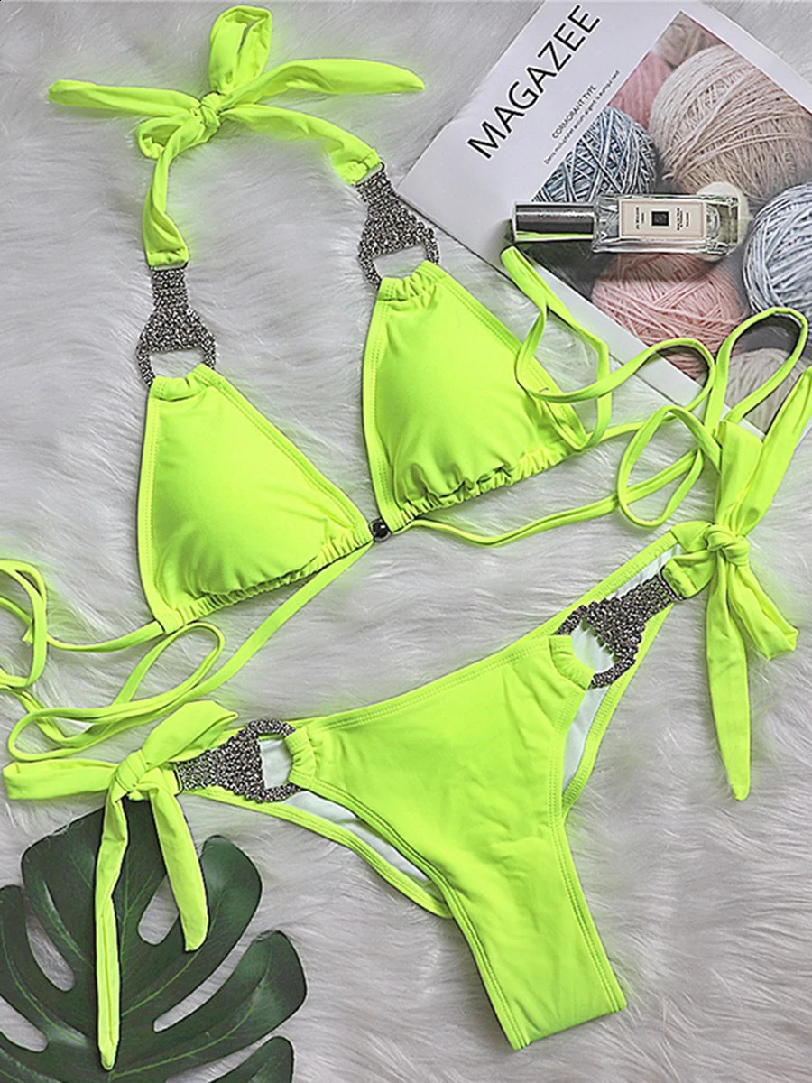 Sexy néon vert licou cristal diamant Bikini femmes maillot de bain maillot de bain pour femme strass Bikini ensemble maillot de bain brésilien 24