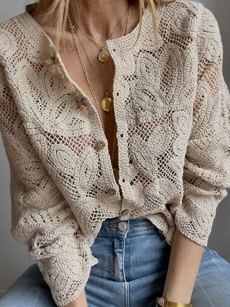 Elegant Lace Hollow Out Shirt Vintage Single Breasted Long Sleeve Blouse 2024 Fashion Female Commuting Streetwear 240821