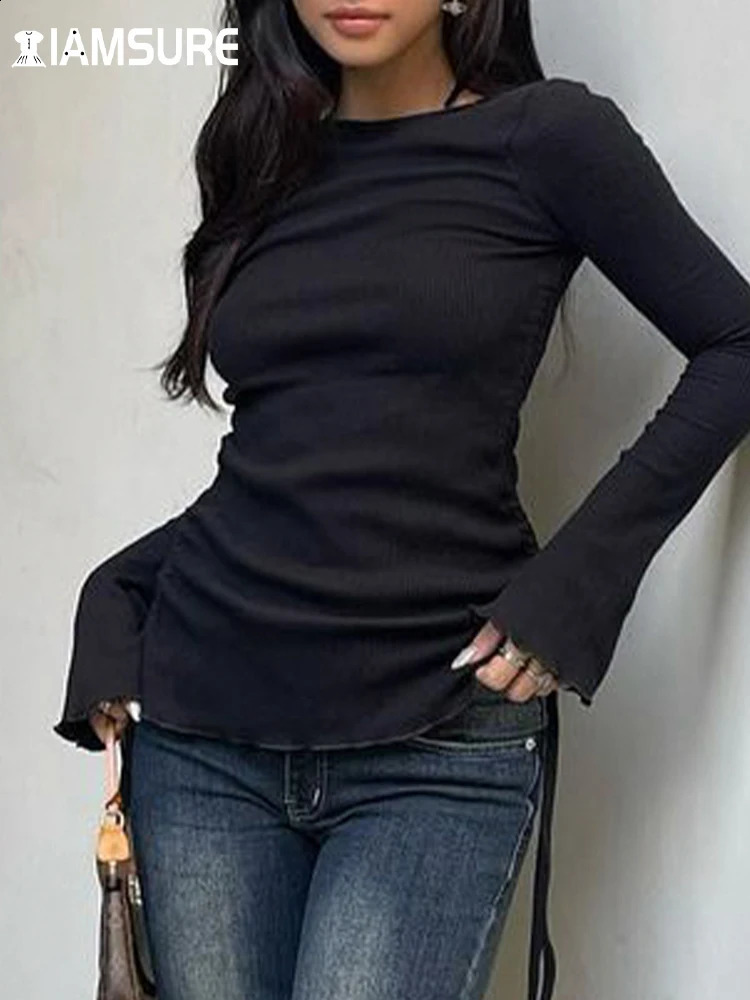 IAMSURE Elegant Fashion Drawstring Folds T Shirt Slim Solid ONeck Long Sleeve Tee 2023 Autumn Winter Ladies Streetwear 240821