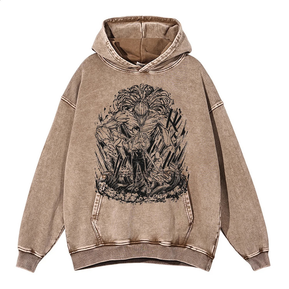 Hip Hop Streetwear Vintage Apricot Anime Graphic Print Hoodie Men Washed Hooded Pullover Harajuku Autumn Winter Cotton Hoodie 240821