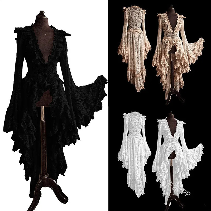 Womens plus size S-5XL cosplay dress Gothic asymmetrical dress Halloween retro solid lace medieval cardigan cosplay 240823 ww