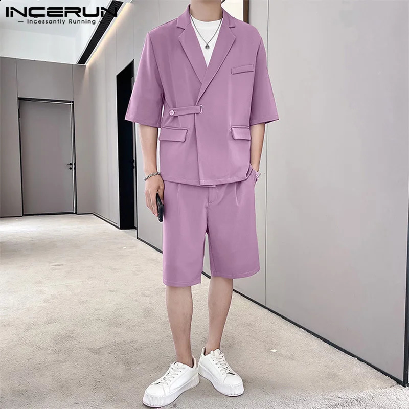 INCERUN SUMME Men de vêtements pour hommes ensembles de mode Fashion Tops Casual Tops 2pcs costumes de couleur solide Shorts à manches mi-manches